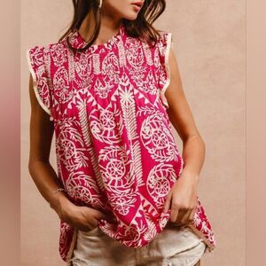**BiBi Printed Ruffle Sleeve Top Pink and White Batik Print Women's Top